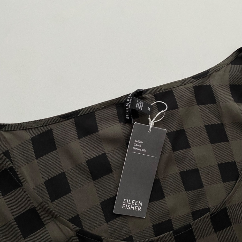 Eileen Fisher Olive Green and Black Check Sleeveless Tunic - Picture 3 of 4